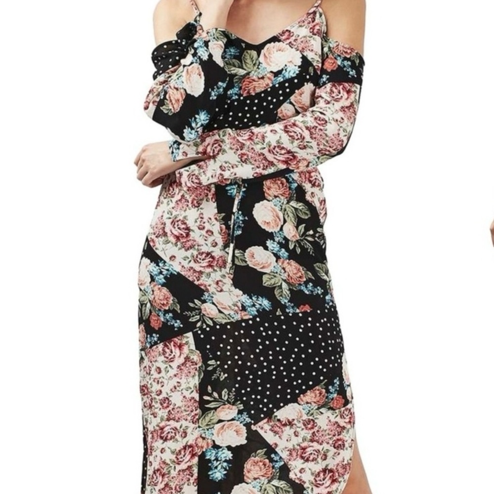 Topshop One Shoulder Floral Dress - Black and Pink